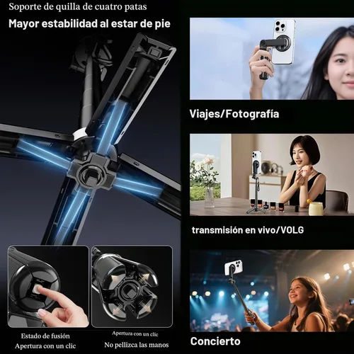 Vista 2 de Palo selfie magnético, 4 en 1 con control remoto, 4.3 pulgadas para vlogging Aluminum Alloy Rod, N52 Magnets, 10m Bluetooth Remote, 360° Rotation