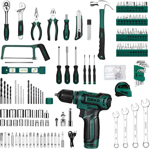 Vista 4 de Juego de herramientas: Kit de herramientas con taladro inalámbrico de 12 V, caja de herramientas manual con estuche de almacenamiento, juego de Verde
