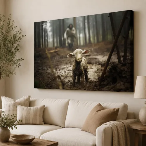 Vista 20 de Arte de pared en lienzo de Jesús y Cordero, Arte de pared en lienzo de Jesús abrazando a un cordero fangoso, Arte de pared cristiano para decoración