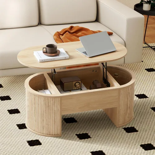 Vista 10 de ORRD Mesa de centro elevable, mesa de centro acanalada con parte superior elevable, mesa de comedor de madera con compartimento oculto, mesa central