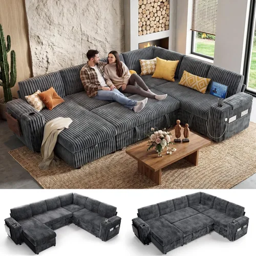 Vista 13 de WEUP Sofá cama modular de 111 pulgadas con cama extraíble, sofá de pana de felpa en forma de L de 7 asientos con diván de almacenamiento, puertos
