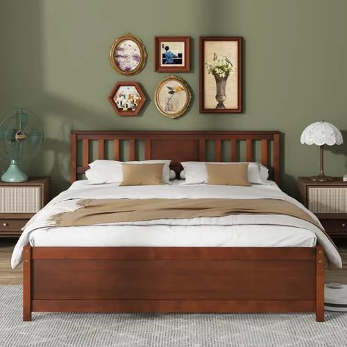 Vista 9 de Giantex Marco de cama individual con cabecero, cama de plataforma de madera maciza de mediados de siglo, cama de panel individual con soporte