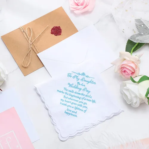 Vista 7 de Tegeme Pañuelo de novia pañuelo de boda para hija, regalo de boda, recuerdo Hankie y ángel azul novia pañuelo