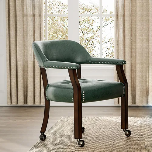 Vista 29 de Silla de comedor con ruedas y brazos, sillas de póker de PU, gris antiguo