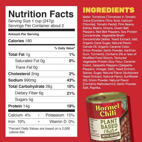 Vista 2 de HORMEL Chili Chile a base de plantas con frijoles (paquete de 12), 14 onzas, 0.78 oz de proteína por porción, sin gluten, sin huevos, sin lácteos