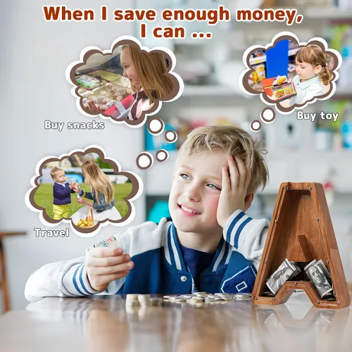 Vista 7 de Alcancía para niños y niñas, alcancía de madera con letra grande del alfabeto con inicial A, banco de monedas, regalos divertidos para cumpleaños