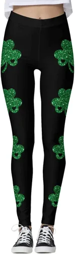 Vista 4 de soighxzc Leggings del día de San Patricio para mujer, con hojas de trébol, pantalones verdes, ajustados, con control de abdomen, pantalones de yoga