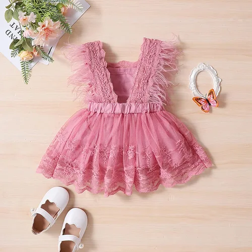 Vista 3 de Vestido de encaje para niñas pequeñas, vestido de encaje con bordado floral, manga de plumas, tul tutú, vestido de fiesta acampanado