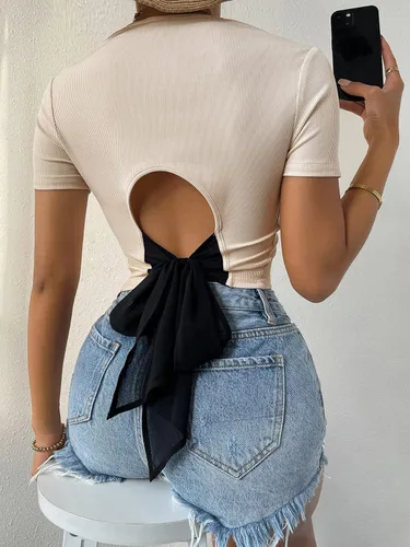 Vista 3 de Verdusa Camiseta corta de manga corta con nudo en la espalda para mujer