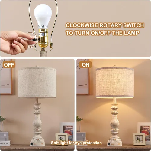 Vista 6 de Juego de 2 Lámparas de Mesita de Noche Estilo Granja para Dormitorio con Puertos USB A+C, Lámparas de Mesa Rústicas Vintage de 28" para Sala