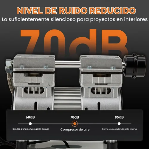 Vista 6 de Albott Compresor de aire de 8 galones con válvula de drenaje automática, tanque de compresor de aire sin aceite de 1.0 HP con ruedas, nivel de ruido