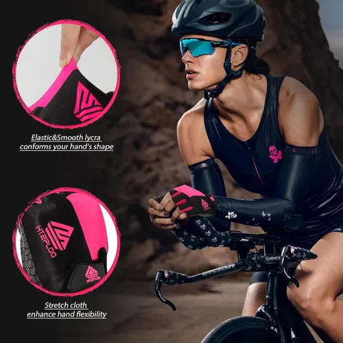 Vista 4 de HTZPLOO Guantes de bicicleta para hombres y mujeres con almohadilla antideslizante que absorbe los golpes, guantes de ciclismo ligeros de medio dedo