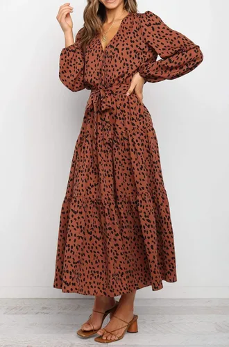 Vista 5 de R.Vivimos Vestidos casuales de otoño de manga larga para mujer, cuello en V, lunares, escalonados, volantes, vestido midi fluido con cinturón