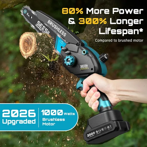 Vista 3 de SEESII Mini motosierra inalámbrica, de 8 pulgadas y 6 pulgadas, motosierra eléctrica con 2 baterías y engrasador automático, motosierra de mano sin