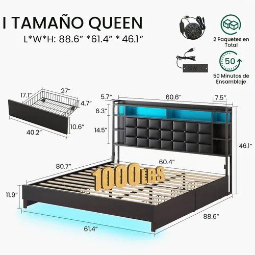Vista 2 de LARMACE Marco de cama de madera tamaño queen con cajones de almacenamiento