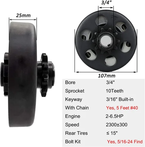 Vista 2 de FDJ Embrague Go Kart de 3/4 de diámetro interior de 10 dientes con cadena 40 embrague centrífugo de 3/4 pulgadas y juego de cadena para Predator