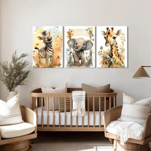 Vista 2 de Juego de 3 Arte de Pared de Animales del Bosque, Lienzo de Decoración de Pared con Imágenes de Animales Salvajes para Guardería, Lindo Póster