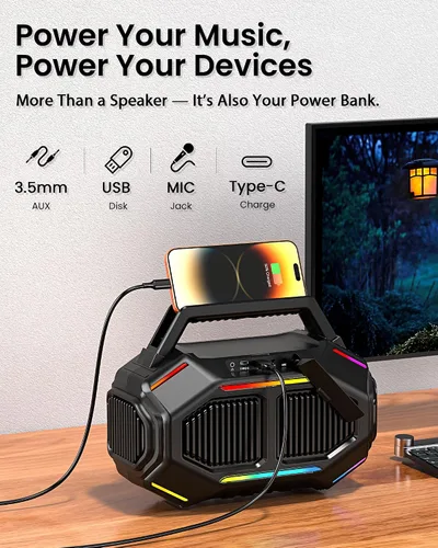 Vista 7 de ShellHome Altavoces Bluetooth 6.0 para exterior, altavoz potente de 80 W (máximo) con graves, 30 horas de reproducción, impermeable IPX6, luces RGB