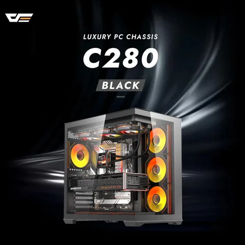 Vista 2 de darkFlash C280 E-ATX - Funda para juegos de PC de torre completa, 7 ventiladores ARGB incluidos, vidrio templado de 270°, compatible con placa base