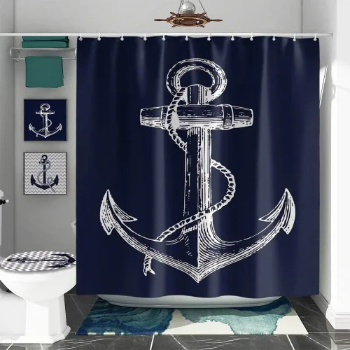 Vista 2 de Cortina de ducha náutica personalizada con ancla azul marino, 70 x 72 pulgadas