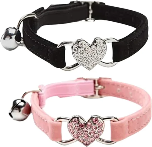 Vista 10 de Collar de gato con corazón brillante con cinturón de seguridad y campana ajustable de 8 a 10 pulgadas para gatos gatitos (negro)
