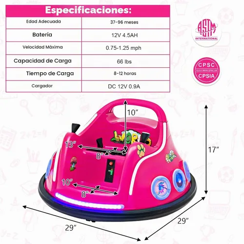 Vista 8 de HONEY JOY Coche de parachoques para niños pequeños de 12V, coche de batería para bebés con control remoto, dos joysticks, luz LED intermitente y Rosa