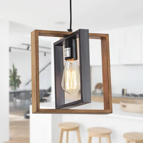 Vista 9 de Lámpara colgante negra de granja, candelabro pequeño de 1 luz, lámpara de comedor de madera con cable ajustable, luces colgantes para pasillo, isla