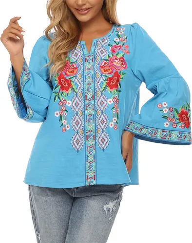 Vista 2 de YZXDORWJ Blusa casual mexicana campesina con volantes y mangas acampanadas para mujer, talla extra grande, talla XXL