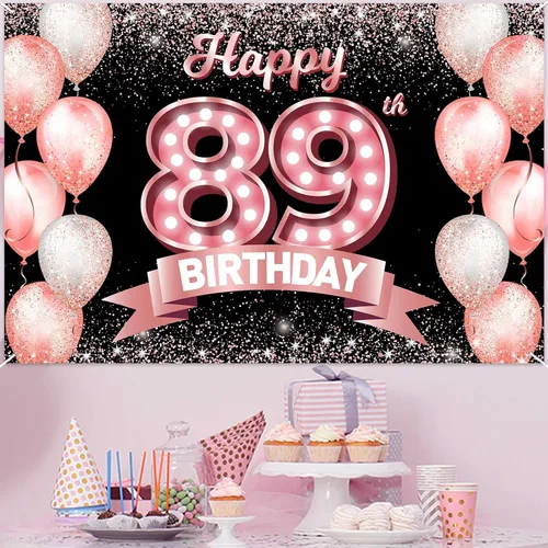 Vista 27 de Cartel de feliz cumpleaños décimo oro rosa, telón de fondo, saludos a 10 años, globos de confeti, decoración temática para niñas de 10 años