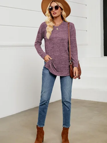 Vista 5 de Qearal Sudadera para mujer, cuello redondo, manga larga, ajuste holgado, casual, con abertura lateral, túnica