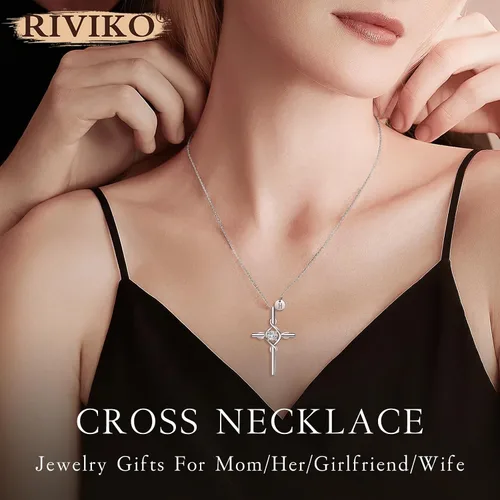 Vista 3 de RIVIKO Collar con dije de cruz con inicial para mujeres y niñas, plata de ley 925, delicados collares de letras, nombre del alfabeto, joyería