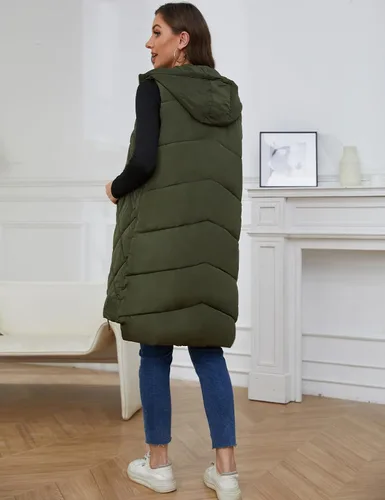 Vista 3 de Gihuo Chaleco largo con capucha para mujer, sin mangas, con burbujas, con cremallera, abrigo cálido con bolsillos