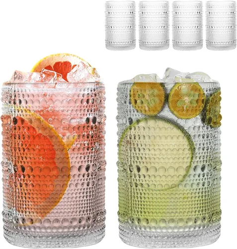 Vista 14 de Juego de 4 vasos para beber Hobnail de 12 onzas, vasos vintage de Júpiter, cristalería antigua en relieve para cerveza, agua, jugo, cóctel, whisky