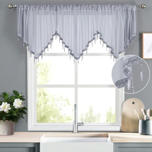 Vista 7 de WUBODTI Cortinas transparentes con cenefa con cuentas negras para ventanas, 1 unidad, cenefas de cortina semitransparentes para dormitorio y cocina