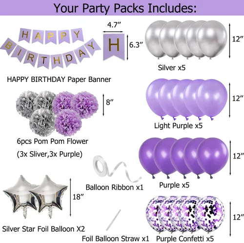 Vista 2 de Decoraciones de cumpleaños para niñas púrpura y plata Lavanda fiesta decoración Kit para ella mujer incluyendo feliz cumpleaños Banner pompón flor