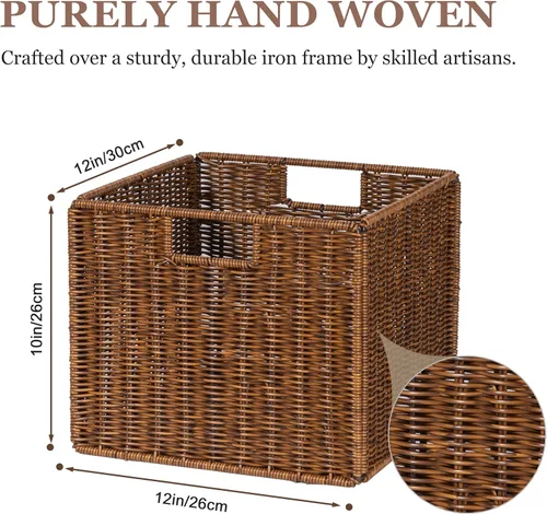 Vista 3 de Cesta de almacenamiento de mimbre, cubo grande de 12 x 12 x 10 pulgadas, mimbre tejido para estantes, despensa, organización de cocina y baño Marrón