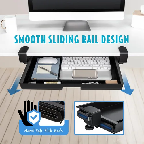 Vista 3 de EHO Cajón de almacenamiento deslizante debajo del escritorio, organizador extraíble grande de 20" x 11.8" con abrazadera y altura ajustable, bandeja