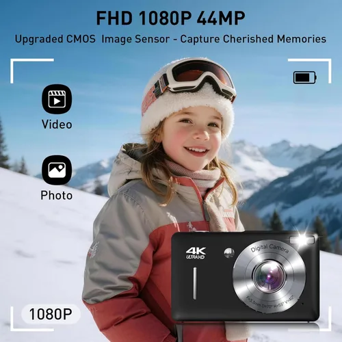 Vista 2 de Cámara digital, 44MP FHD 1080P apunta y dispara, cámara digital con antivibración, pequeña cámara digital con detección facial, tarjeta SD de 32 GB