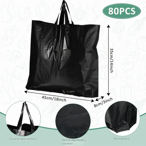 Vista 3 de Zonon 80 bolsas de compras de plástico negro de 18 x 14 pulgadas con asas, bolsas de compras de 3.3 mil de grosor para boutique, paquete resistente