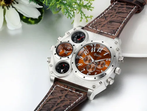 Vista 3 de JewelryWe Reloj militar para hombre, 2 zonas horarias, reloj de cuarzo grande, reloj de pulsera de cuero para hombre, reloj deportivo casual