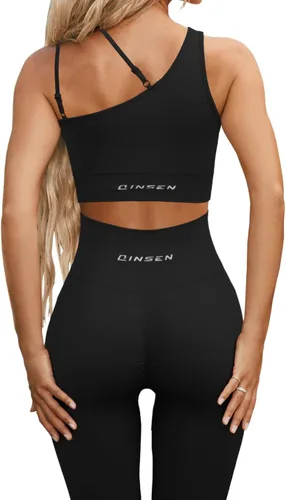 Vista 2 de QINSEN Conjuntos de entrenamiento para mujer, camisetas cortas deportivas sin costuras, leggings de cintura alta, trajes de dos piezas