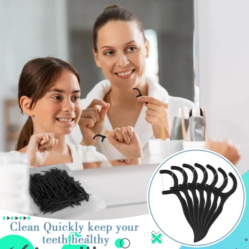 Vista 5 de Baderke 600 púas de hilo dental a granel para adultos, palillos de dientes no rompibles, hilo dental, limpieza dental para viajes familiares (negro)