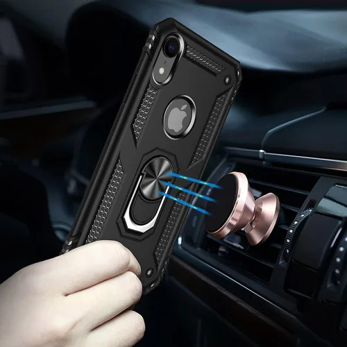 Vista 5 de Yiakeng Funda para iPhone XR, iPhone XR con protector de pantalla, fundas protectoras de grado militar con anillo para iPhone XR (negro)