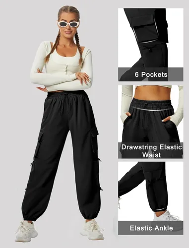 Vista 5 de Pantalones cargo de secado rápido, ligeros, tácticos, con 6 bolsillos, para mujer, cintura elástica y resistente al agua