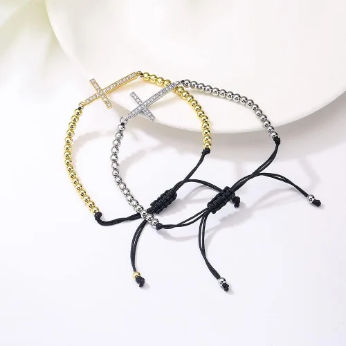 Vista 3 de Pulsera trenzada hecha a mano con cuentas de cobre de color oro y plata de la CZ de la cuerda negra ajustable