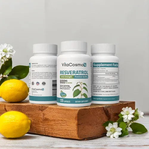 Vista 6 de Suplementos de resveratrol, cápsulas veganas, 120 unidades, trans-resveratrol con extracto de uva roja, sin OMG