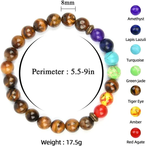 Vista 3 de Brazalete GelConnie de piedras de lava, 7 chakras, 0.32 pulgadas, piedra natural, para curación, alivio del estrés, yoga, ansiedad, aromaterapia