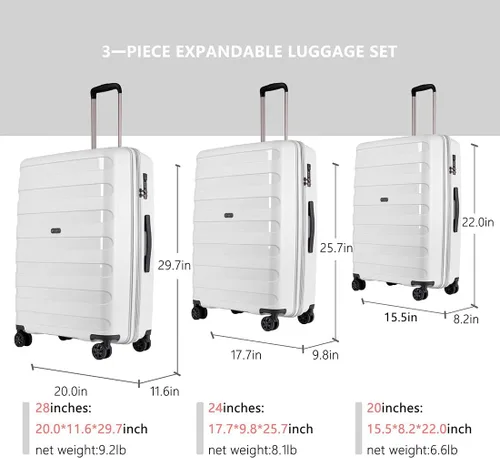 Vista 9 de GinzaTravel Maleta giratoria rígida, equipaje de mano, resistente al desgaste y a los arañazos con ruedas, Blanco, 3-piece Set
