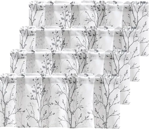 Vista 18 de Luvyohmee Cortina de cenefa estampada con ramas de árbol, cenefa de cocina de 18 pulgadas de largo, color negro, cenefas de ventana grises