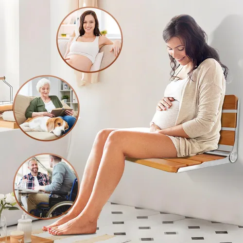 Vista 3 de Asiento de ducha plegable montado en la pared, banco de ducha plegable para espacios de ducha pequeños, carga máxima de 400 libras para ducha